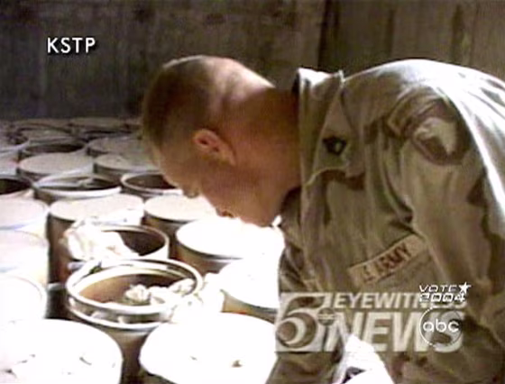 A soldier with the 101st Airborne Division examined a barrel in the Al-Qaqaa facility in video footage made by Minneapolis ABC affiliate KSTP-TV on April 18, 2003.