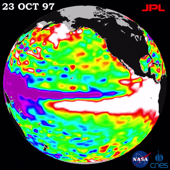 Warm water caused by a 1997 El Nino is shown in white in the map created based on a NASA satellite.&nbsp;The white area represents a mass of water 30 times greater than all the Great Lakes and was flowing towards the Americas at the time.