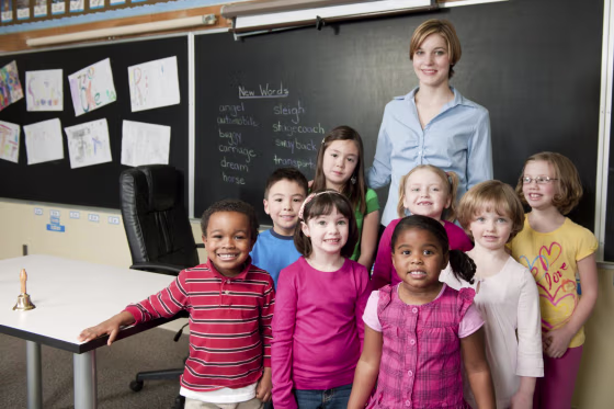 First, second, and third graders in a classroom