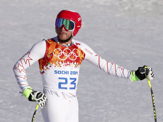 Image: Miller of the U.S. reacts after the downhill run of the men's alpine skiing super combined training session at the 2014 Sochi Winter Olympics