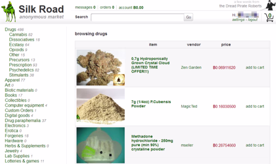 The Silk Road interface, showing drugs and other illegal goods for sale.