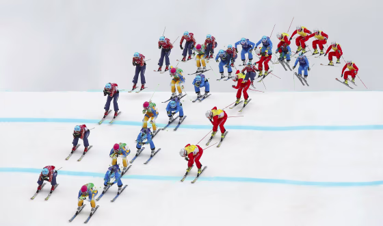 Image: Sweden's Holmlund, Canada's Serwa, Austria's Ofner and Switzerland's Smith competes during women's freestyle skiing skicross semi-finals at 2014 Sochi Winter Olympic Games in Rosa Khutor