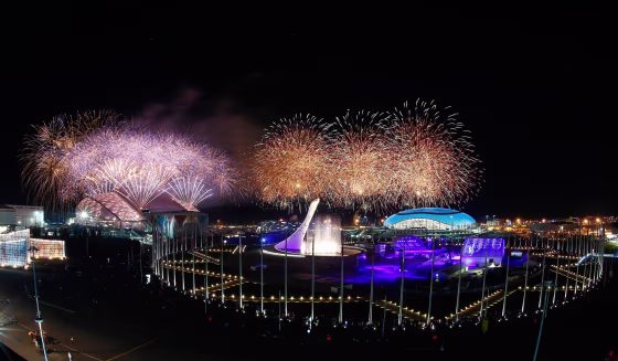 Image: Fireworks explode over the Olympic Park during the closing ceremony for the 2014 Sochi Winter Olympics