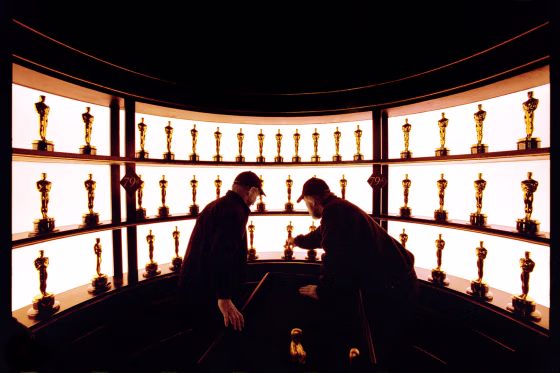 Oscar statues are displayed prior to the 2003 Academy Awards.