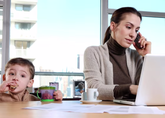 Image:Mom working from home with son