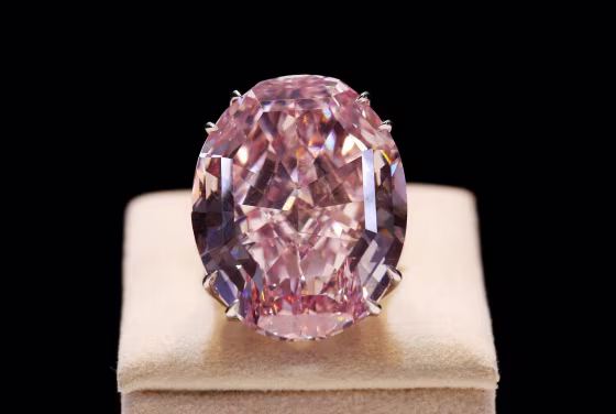 The Pink Star Diamond weighing 59.6 carat is displayed at Sotheby's. The auction house now owns the diamond after the buyer defaulted on his winning $83 million bid.