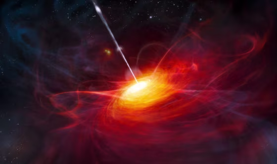 This artist’s impression shows ULAS J1120+0641, a very distant quasar powered by a black hole with a mass 2 billion times that of the sun.
