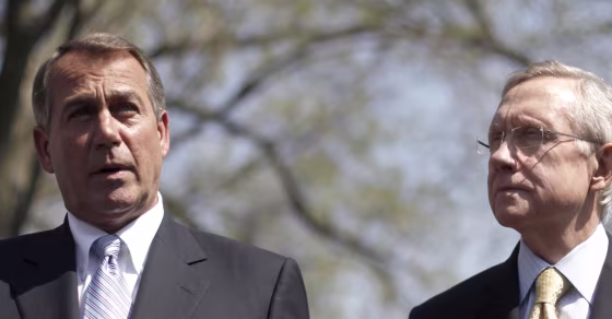 House Speaker John Boehner of Ohio, left, accompanied by Senate Majority Leader Harry Reid of Nev., speaks to reporters outside the White House in Washington, Thursday, April 7, 2011, after their meeting with President Obama regarding the budget and possible government shutdown. (AP Photo/Pablo Martinez Monsivais)