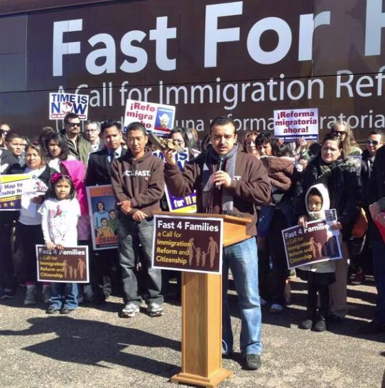 Rudy Lopez, political director of the Center for Community Change, in a Fast for Families rally during the group's bus tour on March 12, 2014.