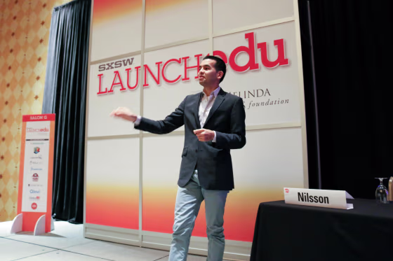 Image: Harlyn Pacheco talks about Qlovi at LAUNCHedu at SXSWedu 2014 in Austin, Texas.