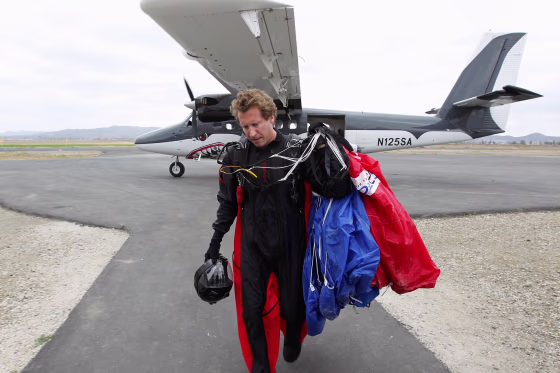Image: Wingsuit jumper Joby Ogwyn after taking a practice jump near Perris, Calif.
