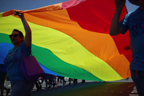 Image: Marchers carry a rainbow flag in the LA Pride Parade on June 8