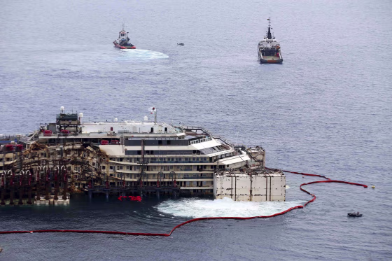 Image: Cruise liner Costa Concordia is seen during a refloat operation at Giglio harbour at Giglio Island
