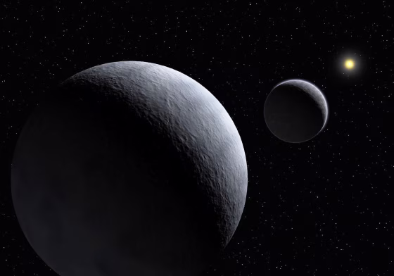 An artist's conception shows Pluto and its largest moon, Charon, with the sun in the far background.