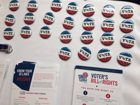 Election materials are displayed on a table at an October 21, 2014 event regarding the Latino vote. The event was held at the National Press Club.