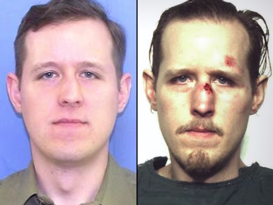 Eric Frein, left, in a photo distributed by authorities during his manhunt and, right, in booking mug after his capture.