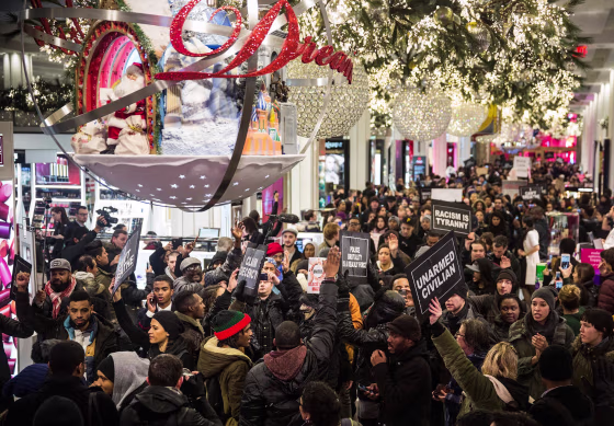 Demonstrators storm the Macy's on 34th Street protesting the Staten Island, New York grand jury's decision not to indict a police officer involved in the chokehold death of Eric Garner in July on Dec. 5, in New York City.  The grand jury declined to indict New York City Police Officer Daniel Pantaleo in Garner's death. 