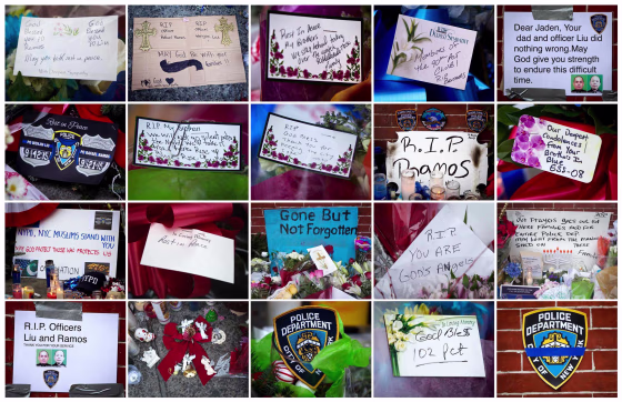 Image: This combination image shows signs of support left at a makeshift memorial at the site where two police officers were shot in the head in the Brooklyn borough of New York