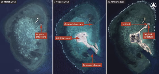 Airbus Defence and Space satellite imagary from 30 March and 7 August 2014 and 30 January 2014 show the extent of Chinese progress in building an island at Gaven Reefs in the Spratly islands. By 30 January a pre-existing platform had been joined to the new island and at least one helipad built.