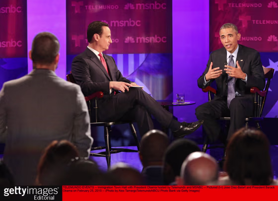 TELEMUNDO EVENTS -- "Immigration Town Hall with President Obama hosted by Telemundo and MSNBC" -- Pictured: (l-r) Jose Diaz-Balart and President Barack Obama on February 25, 2015 -- (Photo by: Alex Tamargo/Telemundo/NBCU Photo Bank via Getty Images)
