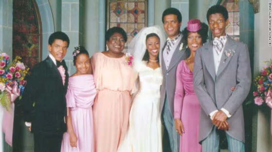 The cast of 'Good Times' from left to right: Ralph Carter, Janet Jackson, Esther Rolle, BernNadette Stanis, Ben Powers, Ja'net DuBois, and Jimmie Walker.