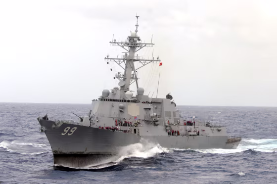 Image: The guided-missile destroyer USS Farragut operating in heavy seas in the Atlantic Ocean