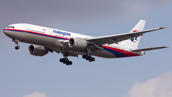 The Malaysian Airlines Boeing 777 that disappeared on a flight from Kuala Lumpur, Malaysia, to Beijing, China, on 8 March 2014, is seen at Los Angeles International Airport on Nov. 15, 2013