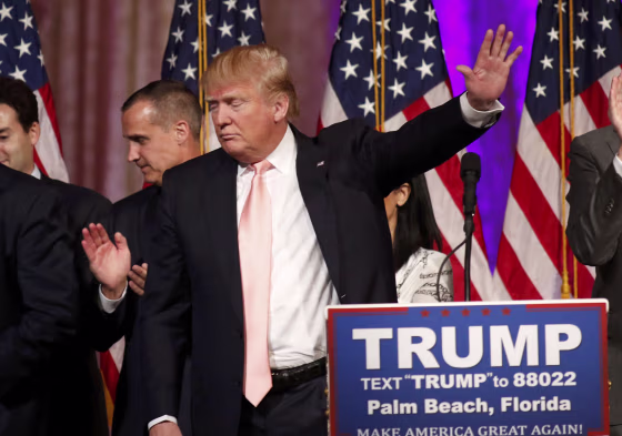 Image: Republican U.S. presidential candidate Donald Trump departs after speaking about the results of the day's primary elections during a news conference held at his Mar-A-Lago Club, in Palm Beach