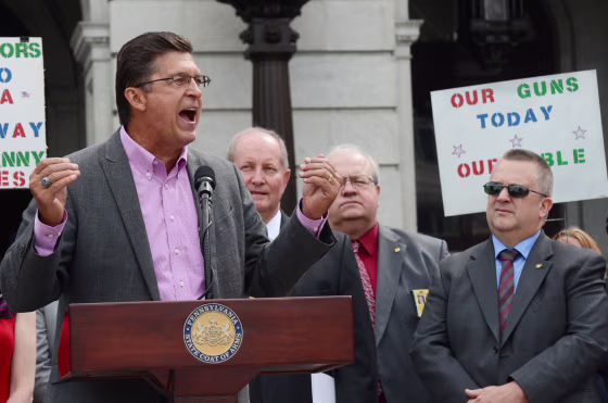 Richard Mack, the former sheriff of Graham County, Ariz., speaks at the 10th annual Second Amendment Action Day rally on the steps of the Pennsylvania Capitol in Harrisburg, Pa., on May 12, 2015,