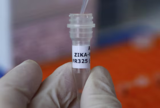 Image: An employee examines tube with the label 'Zika virus' at Genekam Biotechnology AG in Duisburg