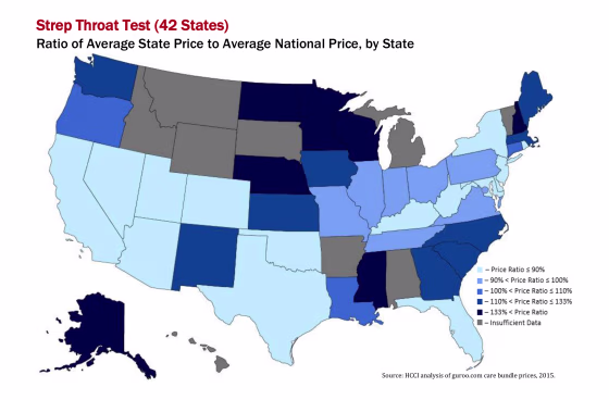 Image: A map shows the average cost of a strep throat test based on a new study by the Health Care Cost Institute.