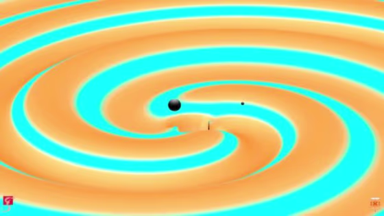 An artist rendition shows two black holes just moments before they collided and merged to form a new black hole