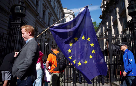 Image: A man carries a EU flag after Britain voted to leave the European Union