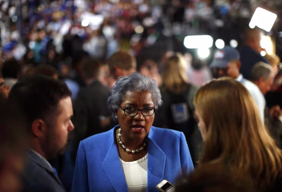Image: Donna Brazile, the acting Chair of the Democratic National Committee, talks to the media on the floor at the Republican National Convention in Cleveland