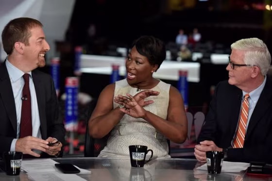 Joy Reid (center) with Chuck Todd (left) and Hugh Hewitt (right).