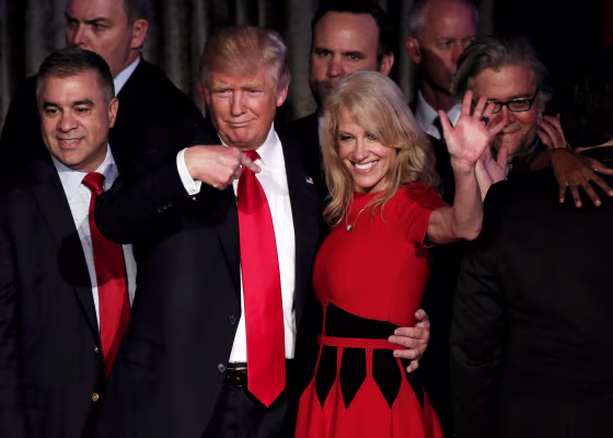 Image: U.S. President-elect Donald Trump and his campaign manager Kellyanne Conway greet supporters during his election night rally in Manhattan