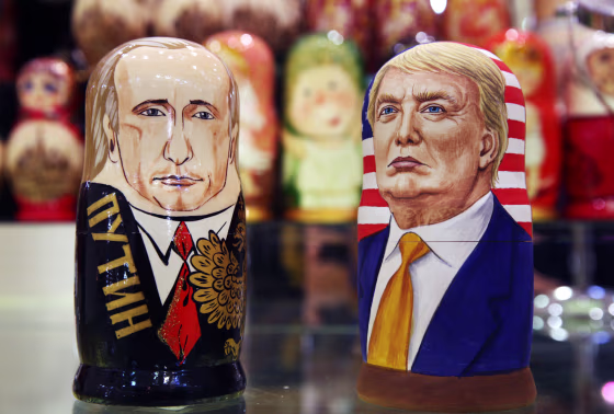 Image: Russian dolls in likeness of Russian and American politicians in Moscow, Russia