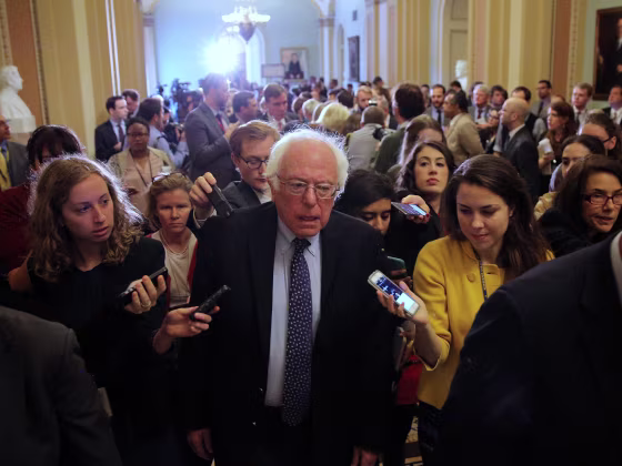 Image: U.S. Senator Bernie Sanders leaves after attending the Senate Democrat party leadership elections at the U.S. Capitol in Washington