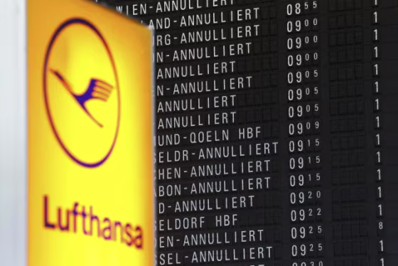 A flight information board shows cancelled flights during a pilots strike of German airline Lufthansa at  Frankfurt airport