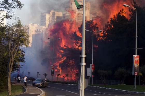 Image: People run as wildfires rages in Haifa, Israel