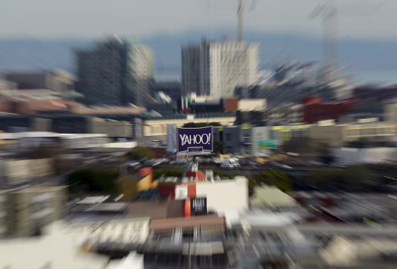 Image: A sign advertising internet company Yahoo is pictured in downtown San Francisco