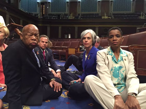 House Democrats, including civil rights leader and Democratic Georgia Rep. John Lewis, stage a sit-in on the House floor in June to demand gun control legislation.