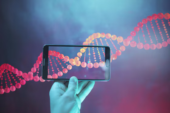 Image: DNA double helix strand viewed with a phone