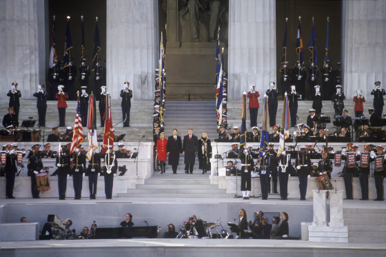 Image: President Bill Clinton, along with First Lady Hillary Clinton, Vice President Al Gore and his wife Tipper Gore attend the Lincoln Memorial Opening Concert's pre-Inaugural event on Jan. 17, 1993 in Washington, D.C.