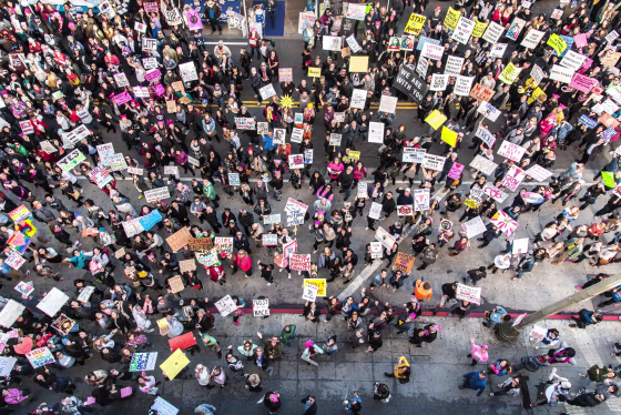 Image: Demonstrators gather in Los Angeles for a sister-march to the Women's March in Washington, DC, Jan. 21, 2017.