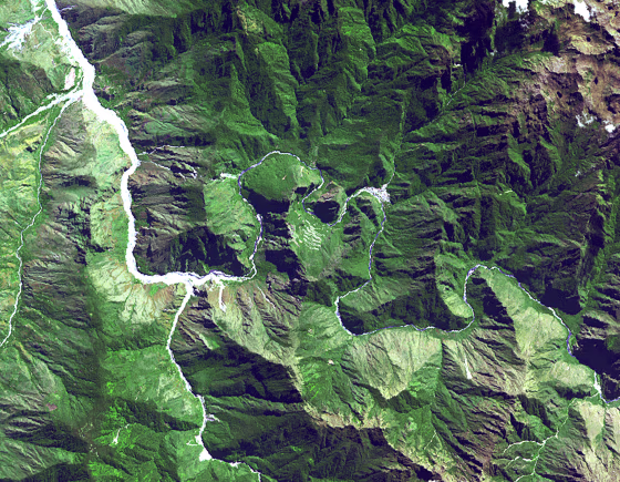 The ruins of Machu Picchu, rediscovered in 1911 by Hiram Bingham. June 25, 2001. Satellite image.