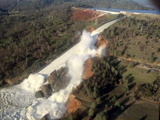 Image: A damaged spillway with eroded hillside is seen in an aerial photo taken over the Oroville Dam in Oroville, California, Feb. 11, 2017.