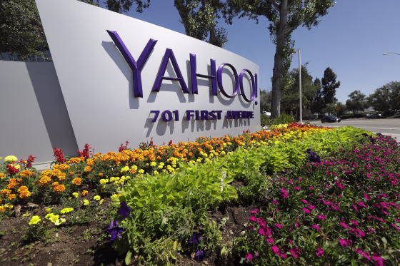 This Tuesday, July 19, 2016 photo shows a Yahoo sign at the company's headquarters in Sunnyvale, Calif.