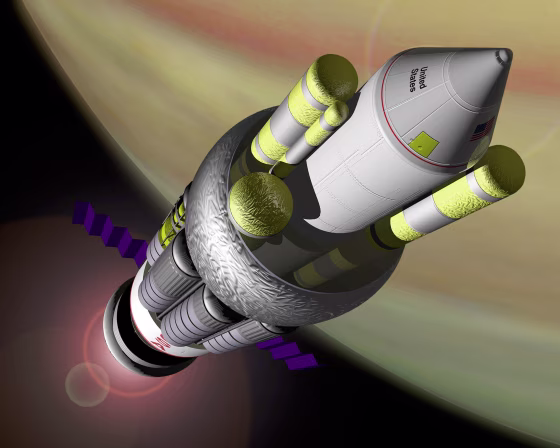 Artist conception of NASA's Project ORION, the smallest model of a craft that can take off from Earth, explore Saturn, and return in fourteen months with a manned crew.