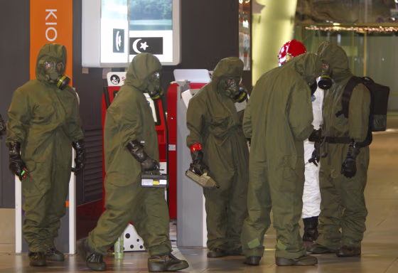 Image: Hazmat crews gather at the main hall of Kuala Lumpur International Airport 2 in Sepang, Malaysia on Sunday, Feb. 26, 2017.